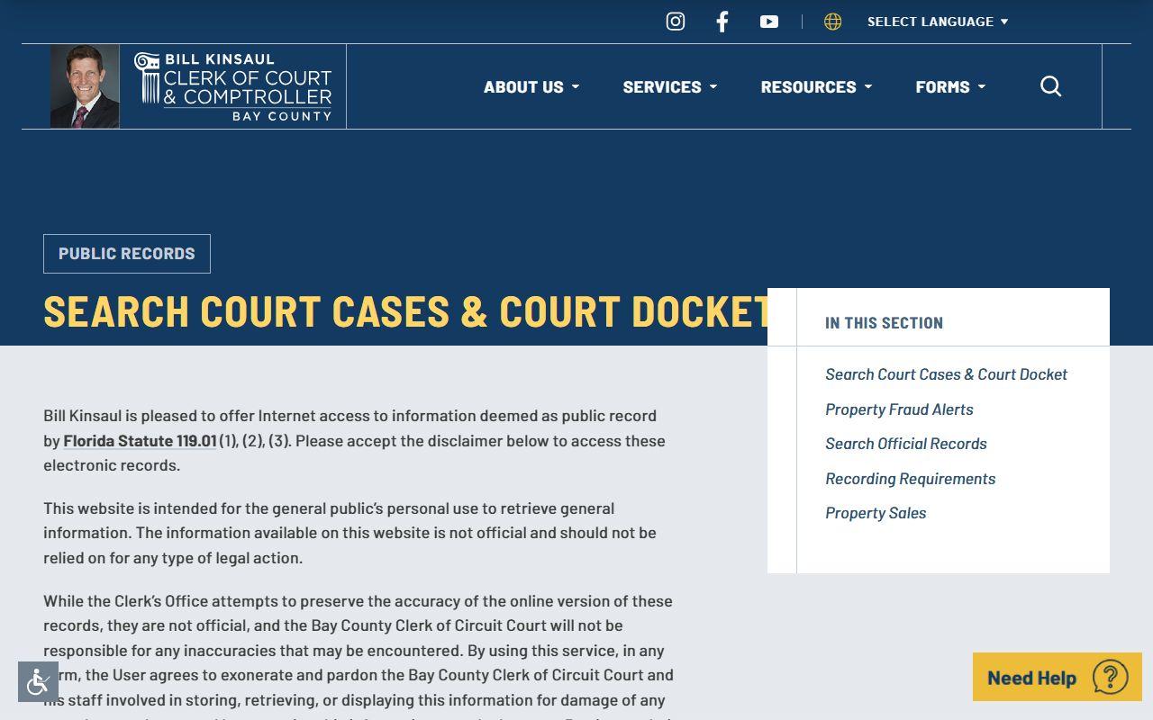 Bay County Clerk court records case search page after an arrest