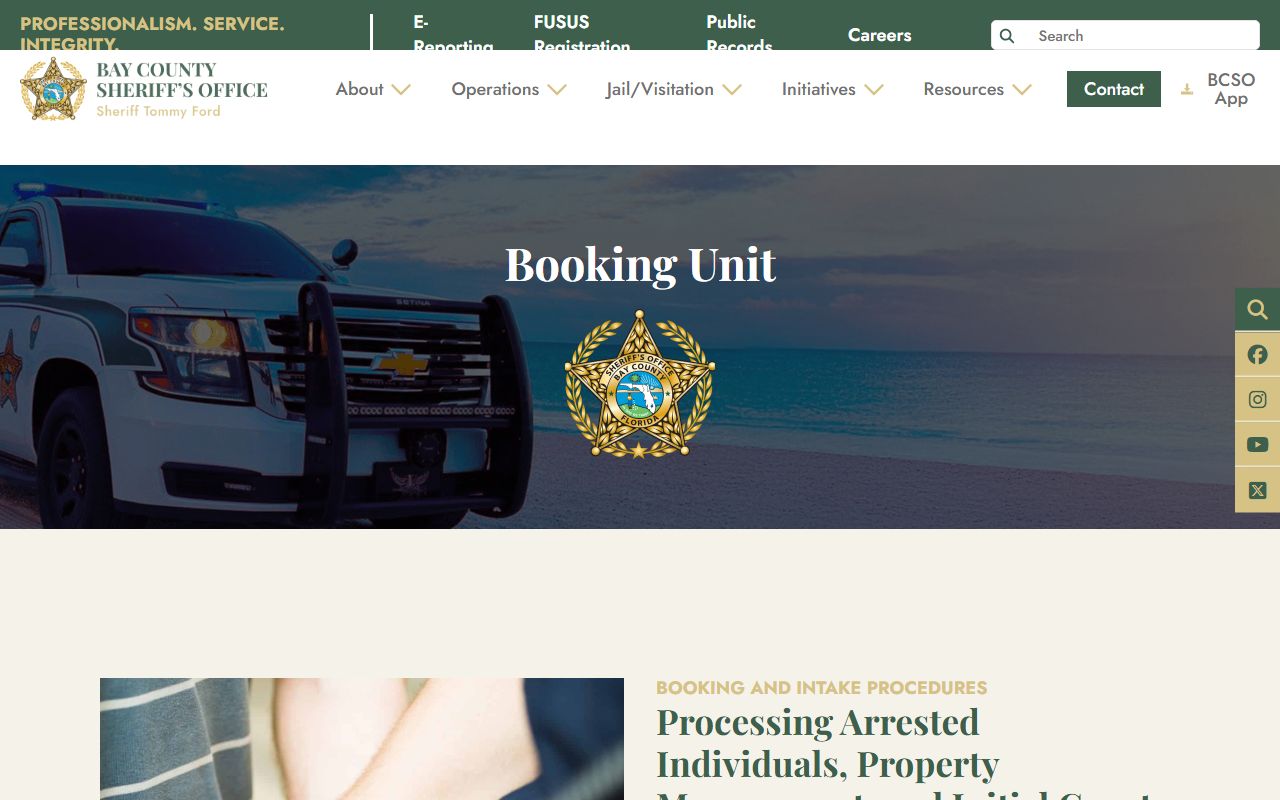 Bay County booking unit page describing inmate intake and records