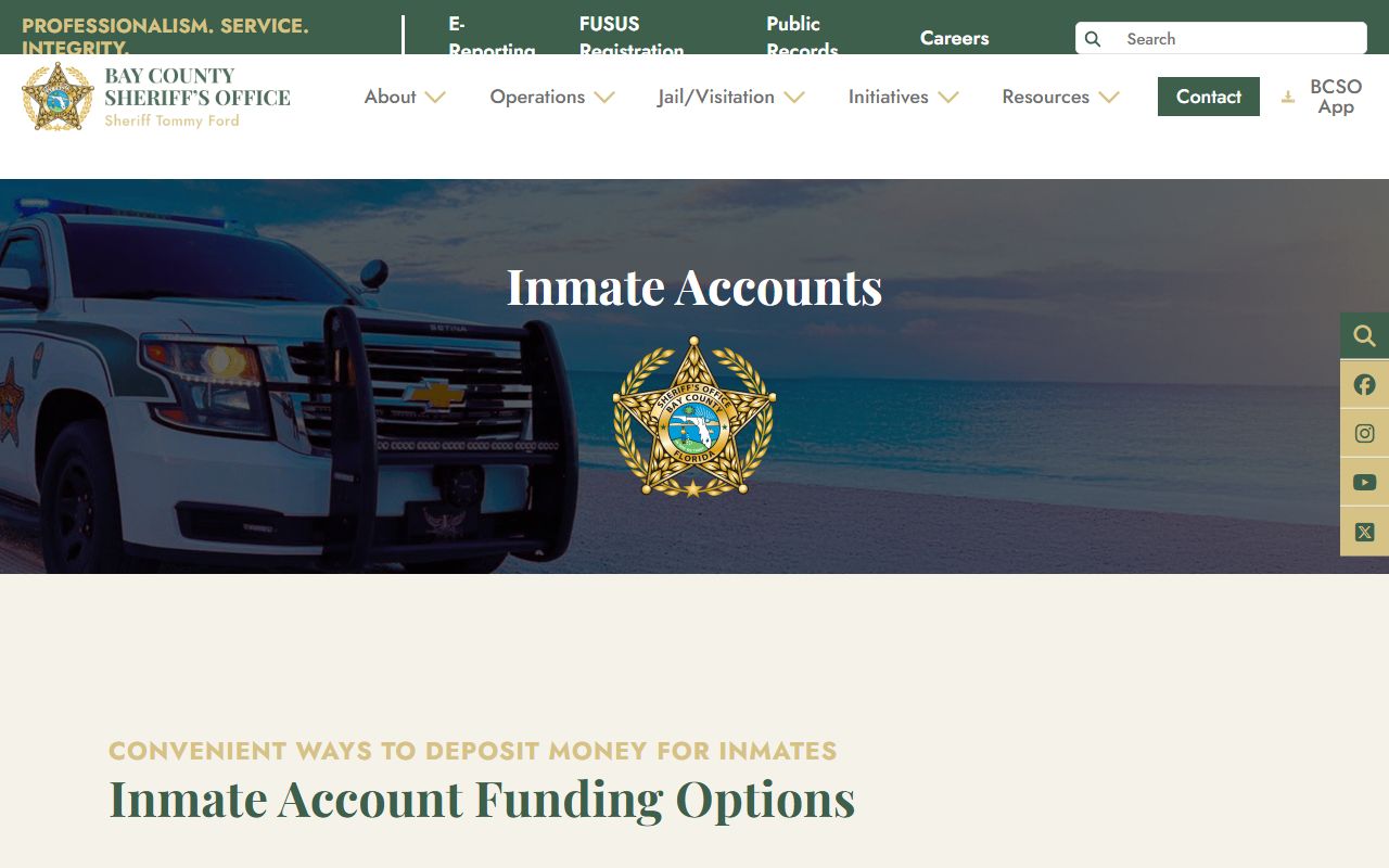 Bay County jail inmate accounts and money deposit record options