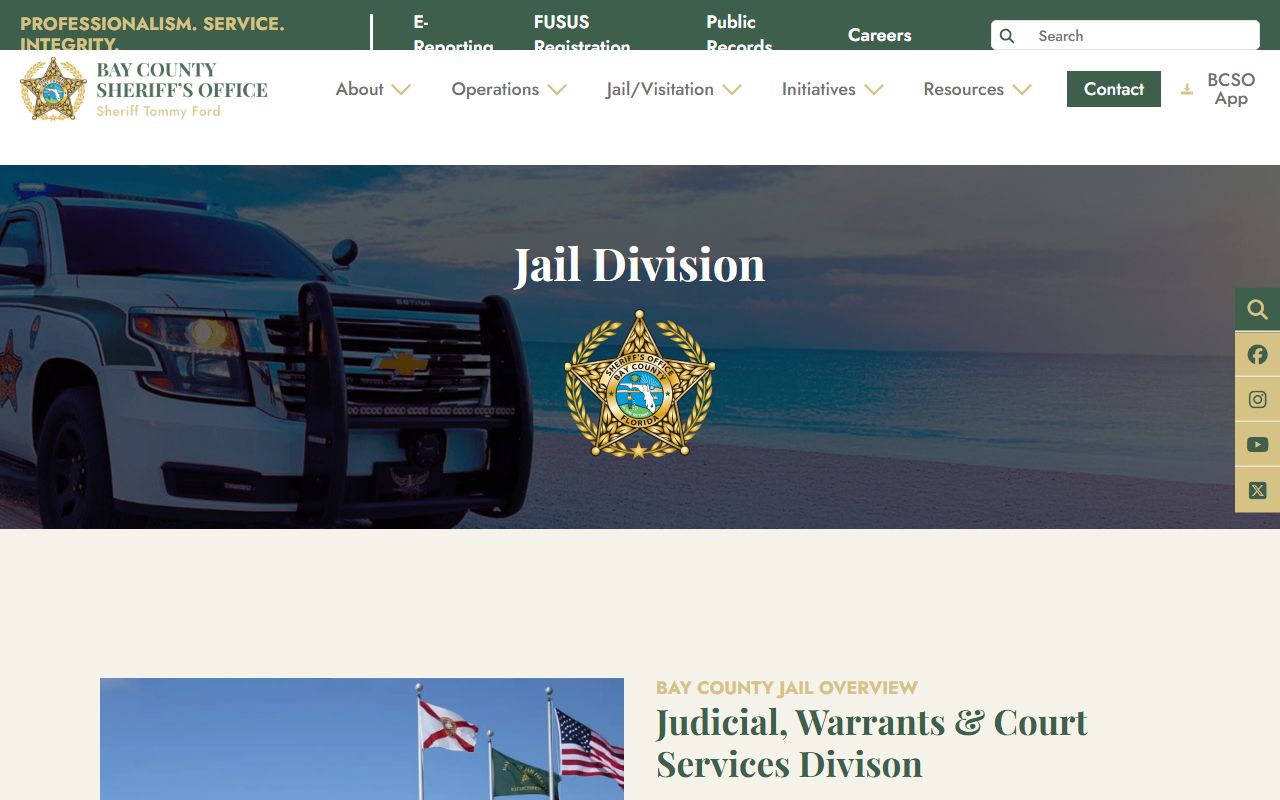 Bay County Sheriff's Office Jail Division page showing inmate population and jail records