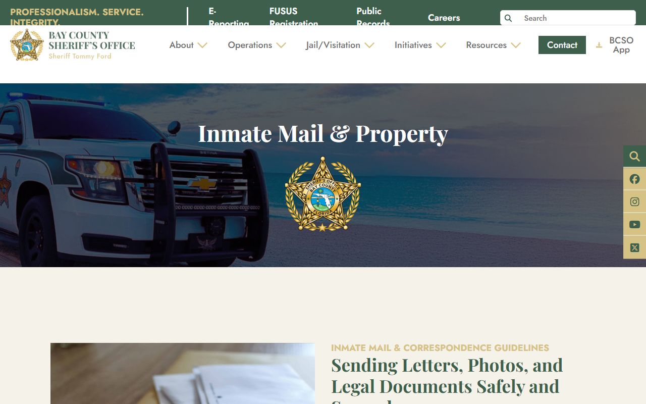 Bay County inmate mail and property page with scanned mail address rules
