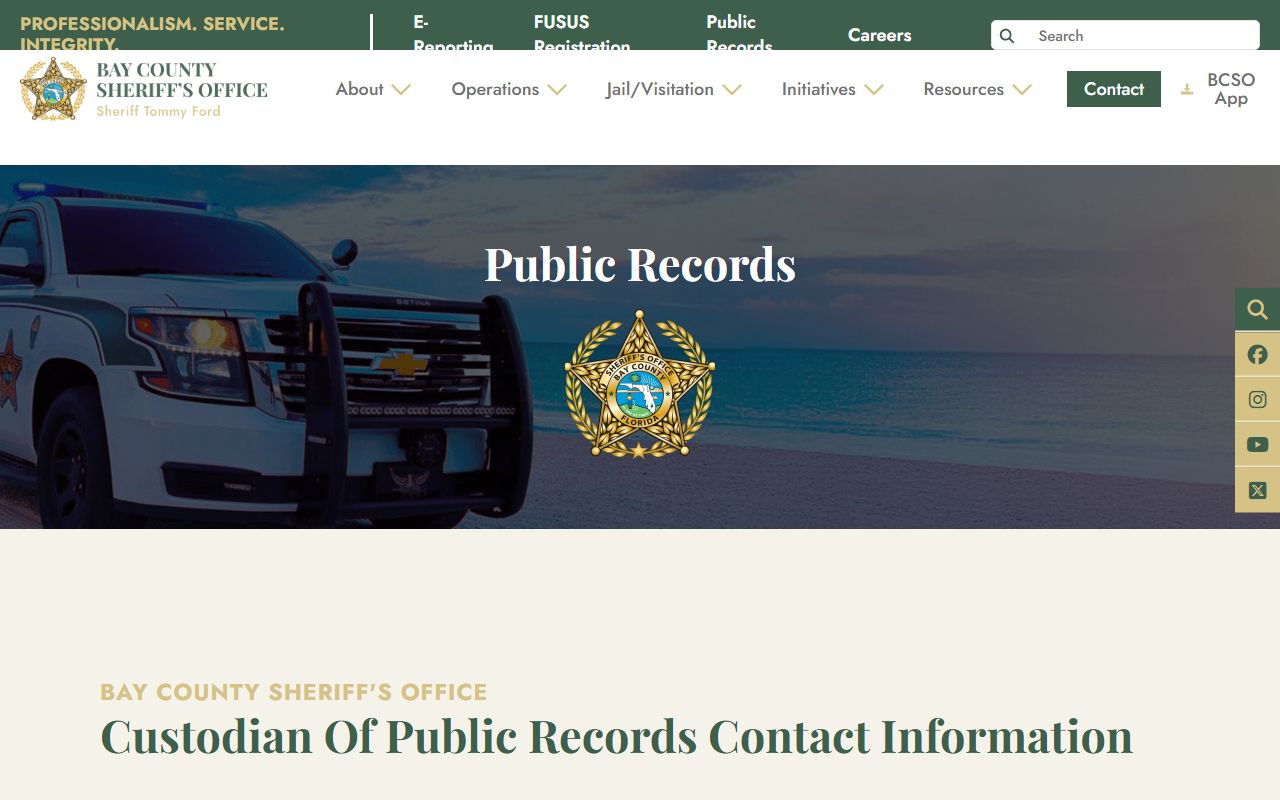 Bay County Sheriff's Office public-records page used to request a booking photo or jail record