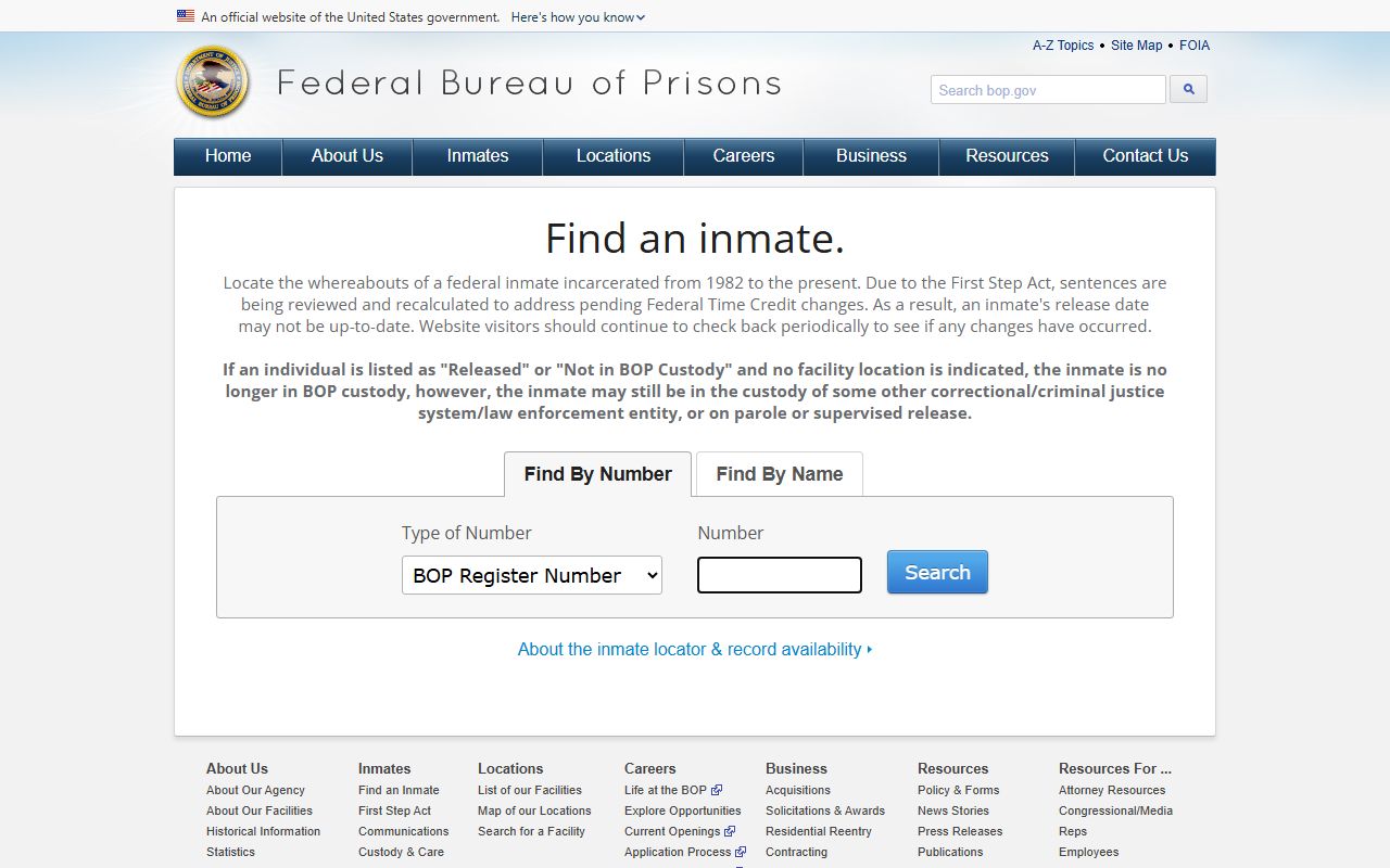 Federal Bureau of Prisons inmate locator used for Bay County federal inmate population searches